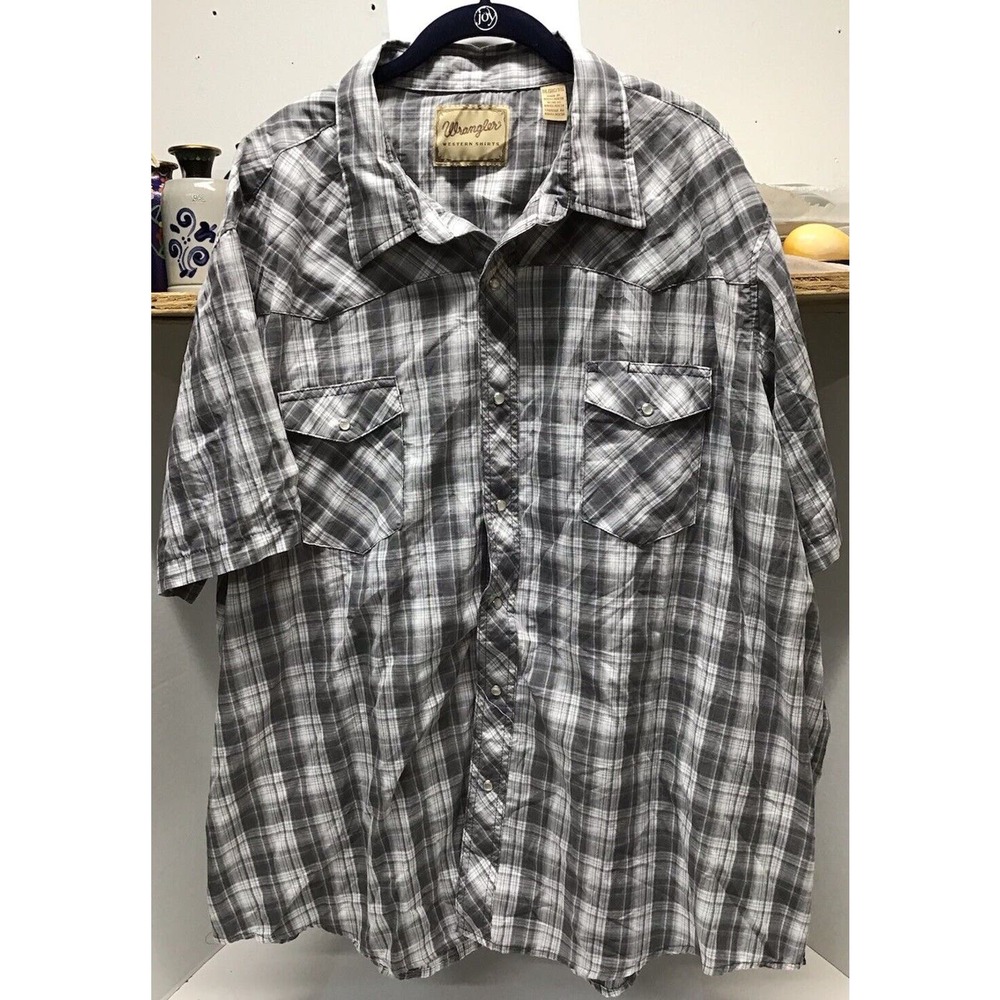 Wrangler Shirt Mens 3XL Gray Plaid Pearl‎ Snap Short Sleeve Western XXXL Adult